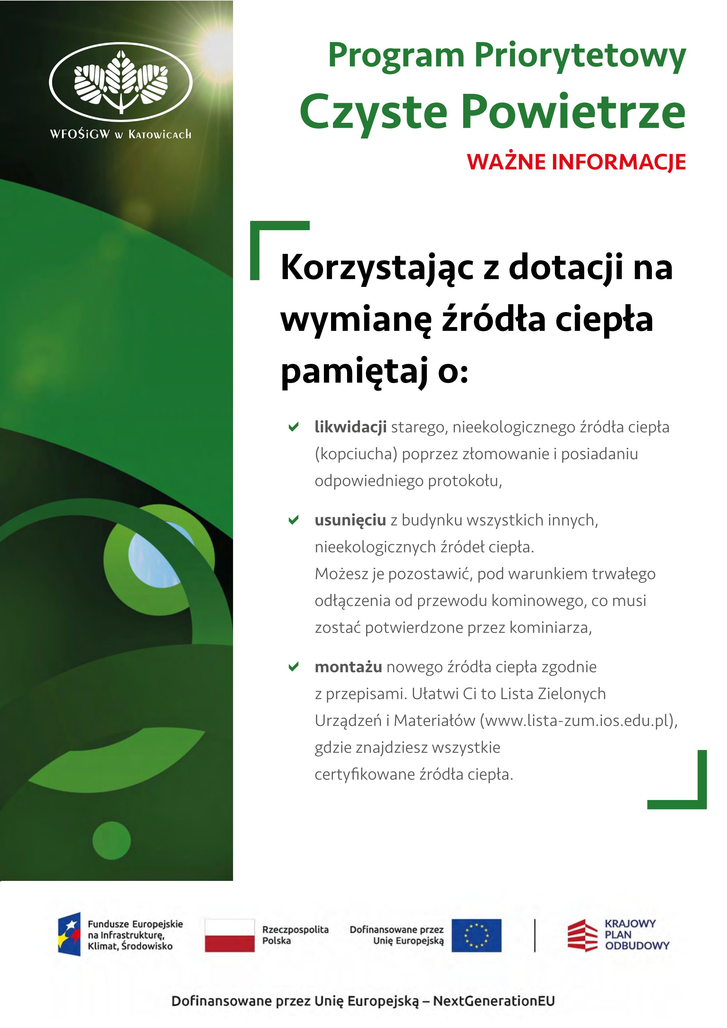 Plakat z ważnymi informacjami o programie Czyste Powietrze