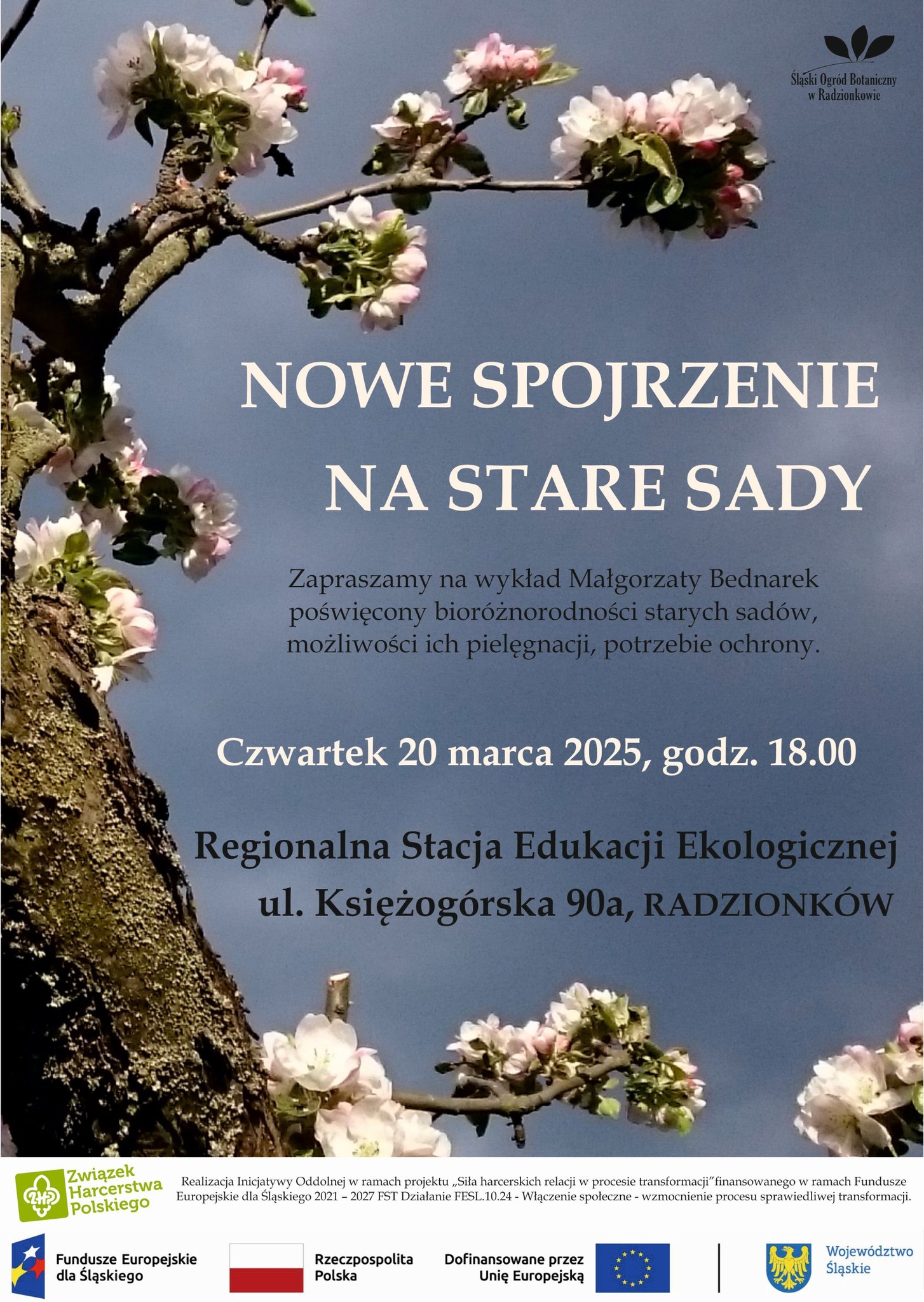 Plakat informacyjny o wydarzeniu "Nowe spojrzenie na stare sady"