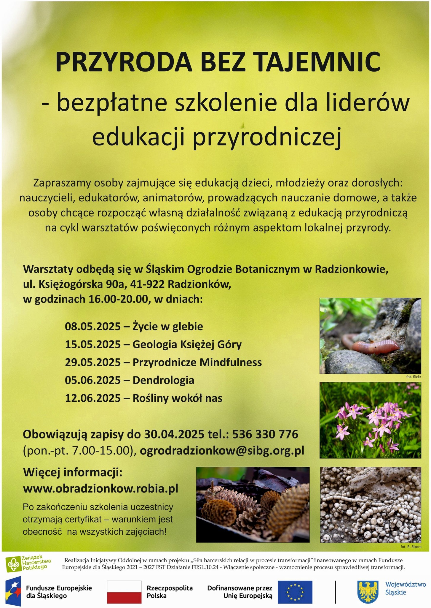 Plakat informujący o bezpłatnym szkoleniu dla liderów edukacji przyrodniczej.