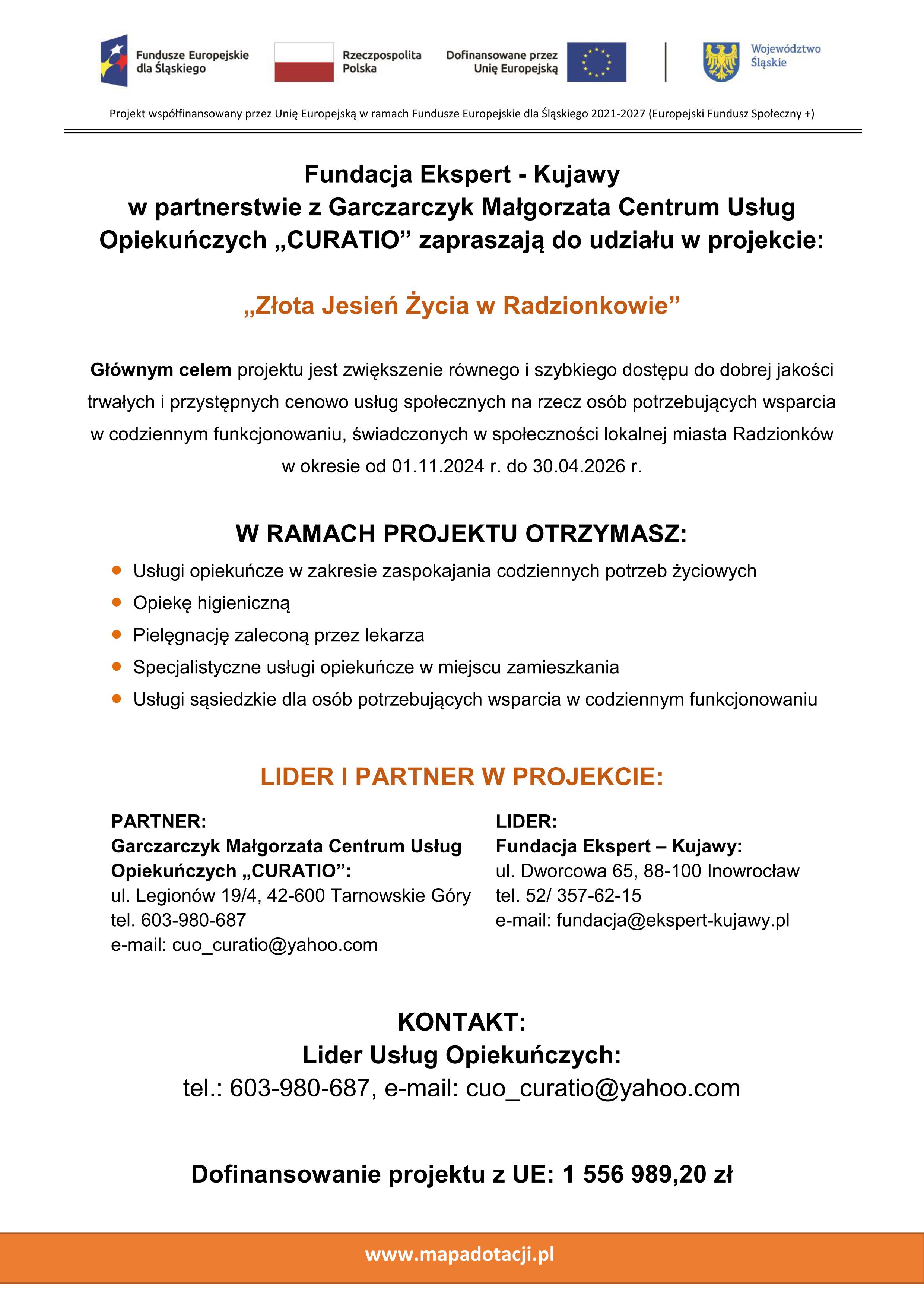 Plakat informacyjny o projekcie "Złota jesień życia w Radzionkowie"