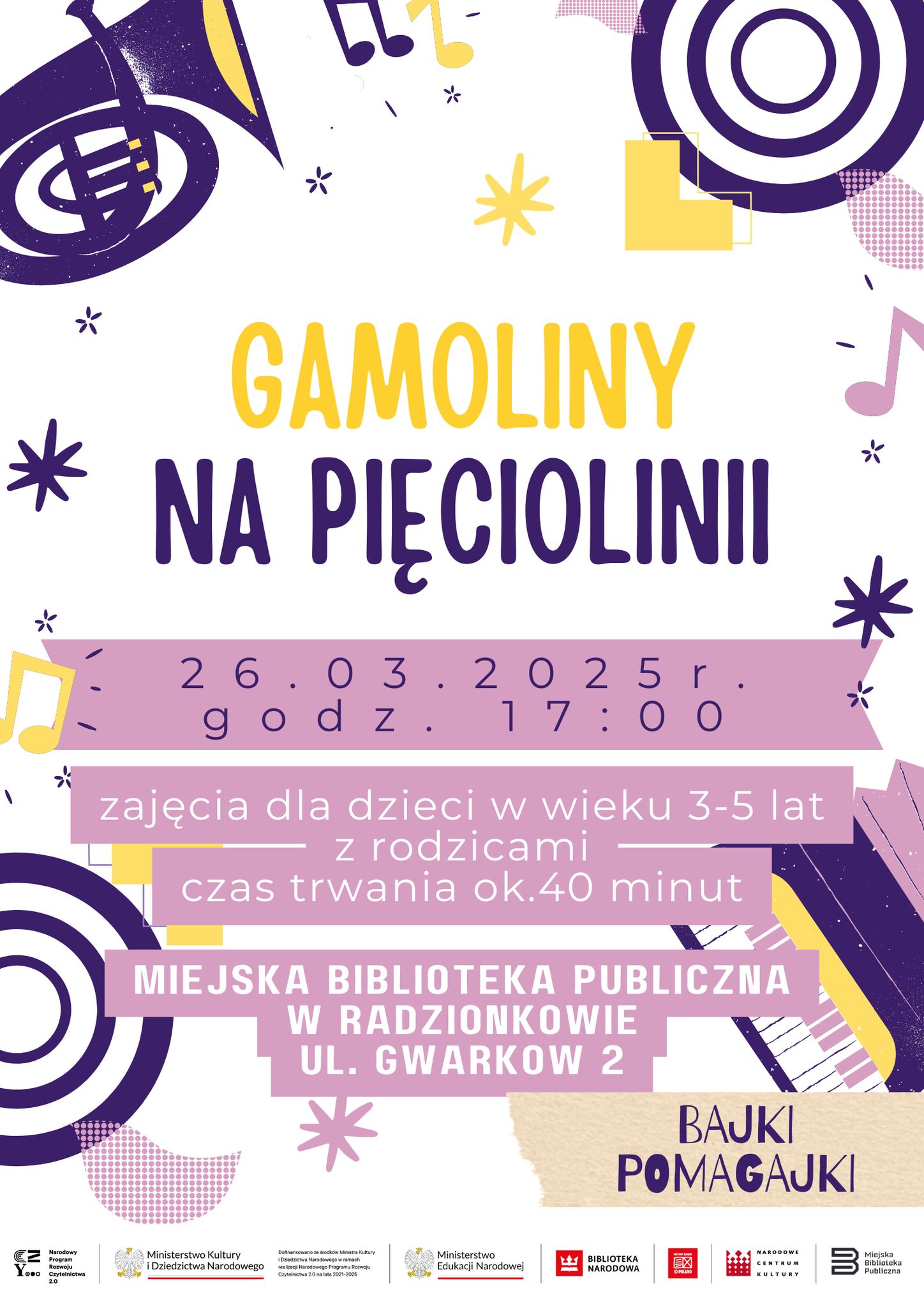 Plakat informacyjny o zajęciach dla dzieci "Gamoliny na pięciolinii"