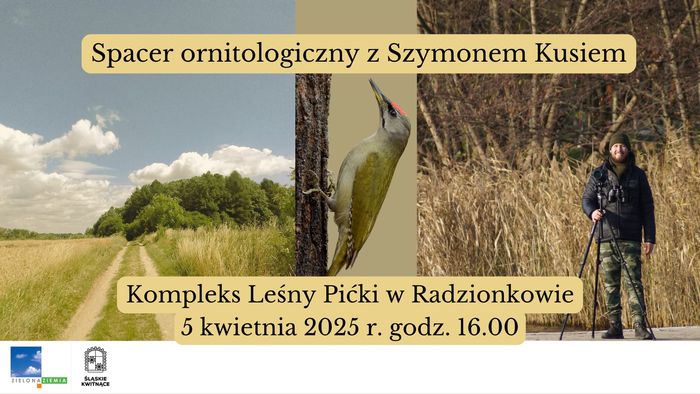 Plakat informujący o spacerze ornitologicznym z Szymonem Kusiem