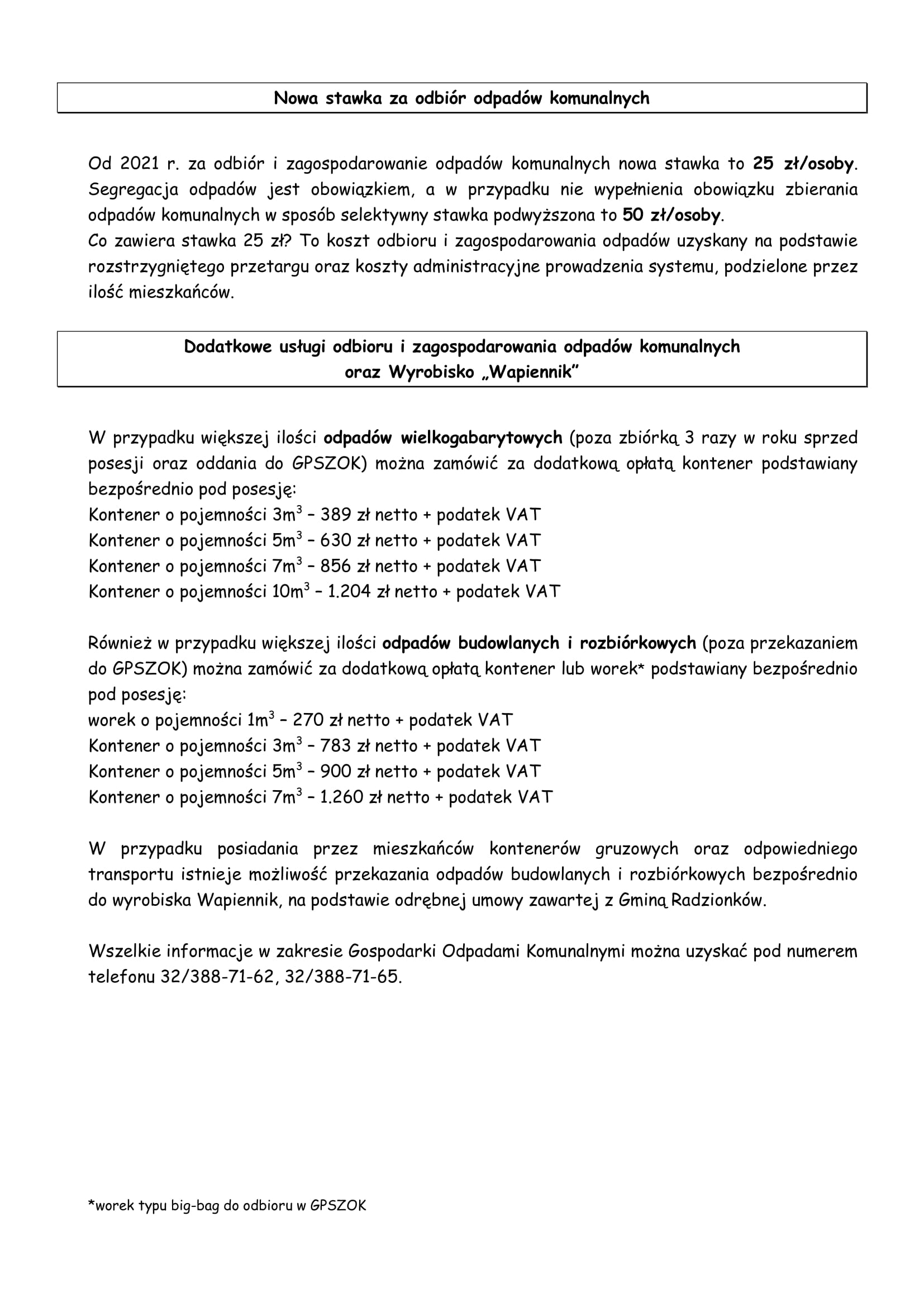 Plakat z informacją o stawkach za odbiór odpadów